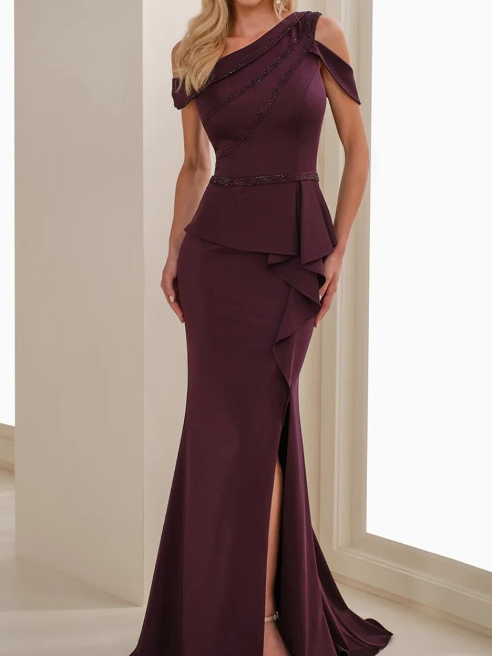 NWT Montage by Mon Cheri M3107 Asymmetric Peplum Dress Eggplant size  4